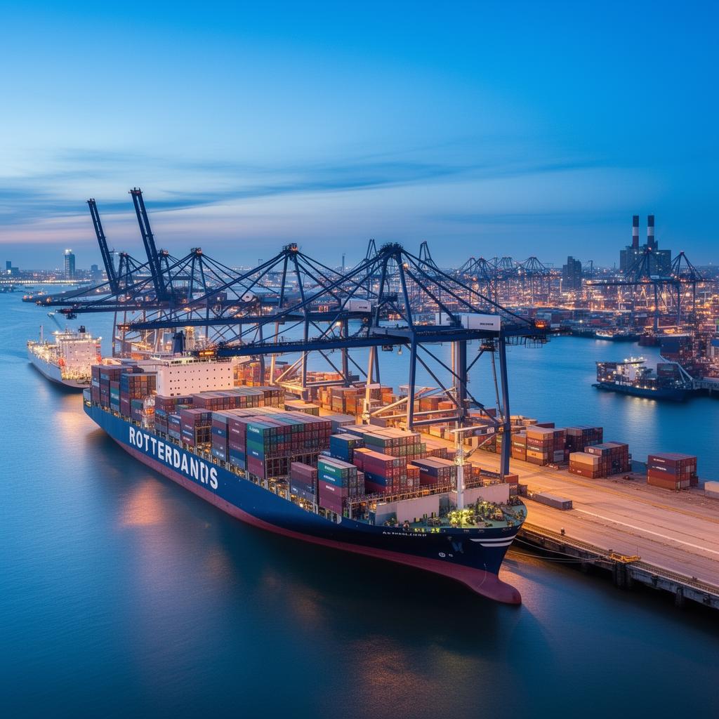 Rotterdam port with container cranes and cargo vessels