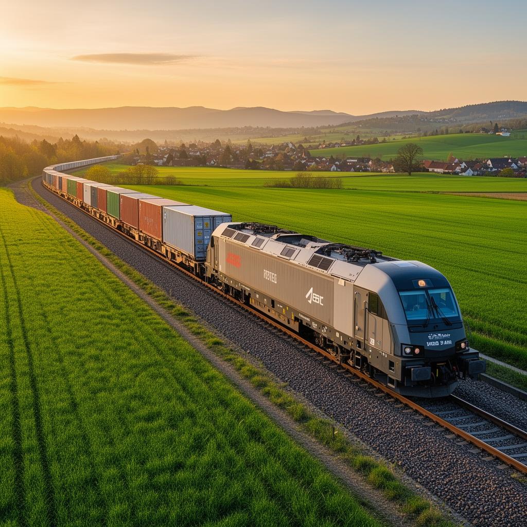 Freight train with containers crossing European countryside